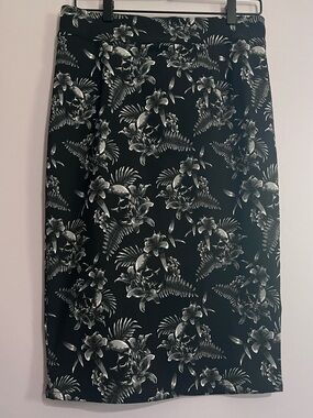 Killstar Black Tropical Floral Skull Print Pencil Skirt, NWT